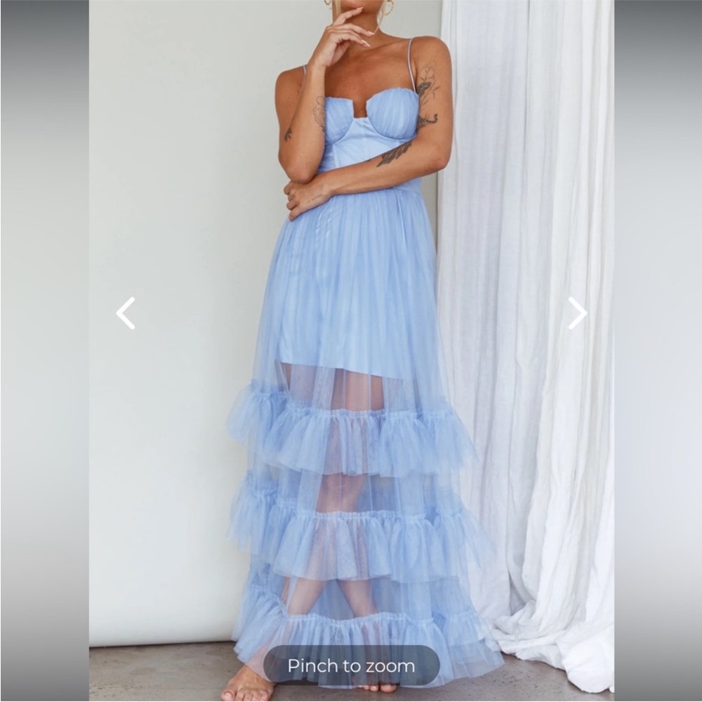 Selfie Leslie Moonlight Sonata Ruffle Mesh Maxi Dress Sky Blue